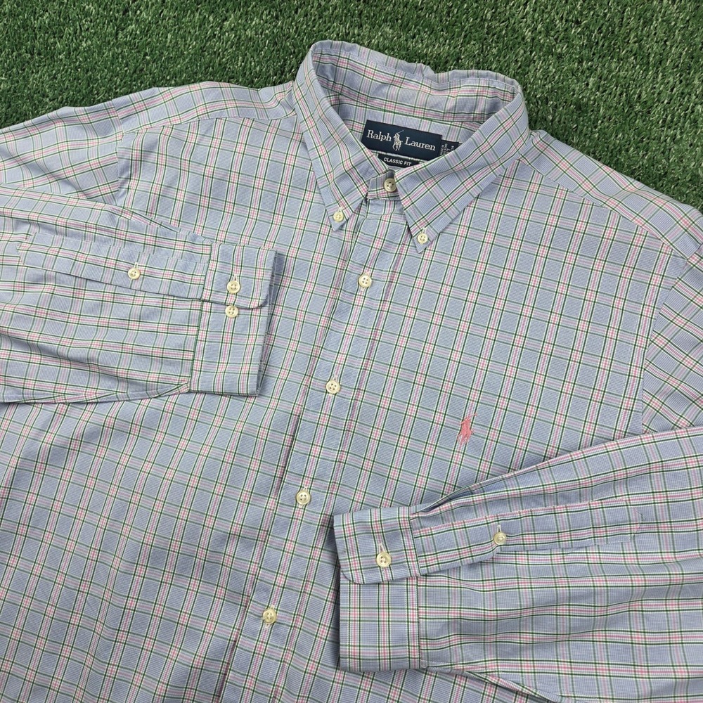 Ralph Lauren Mens Classic Fit Plaid Button Down Shirt Blue Pink Green 17 34/35
